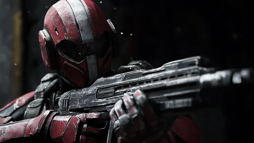 Armored sci fi soldier aims rifle in tense combat standoff.