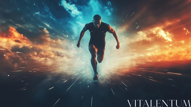 High-speed sprinter silhouetted against dual-tone energy sky