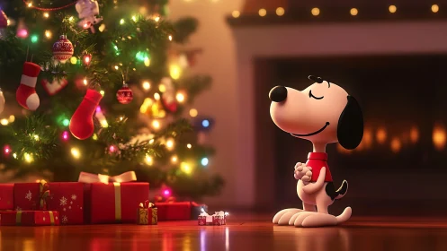 Cartoon dog near decorated Christmas tree with gifts indoors.