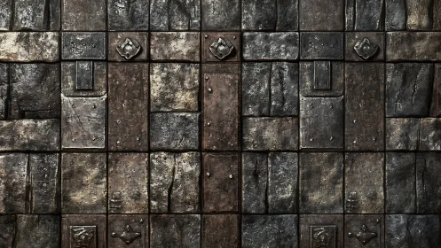 Weathered metal panel grid with riveted medieval texture.