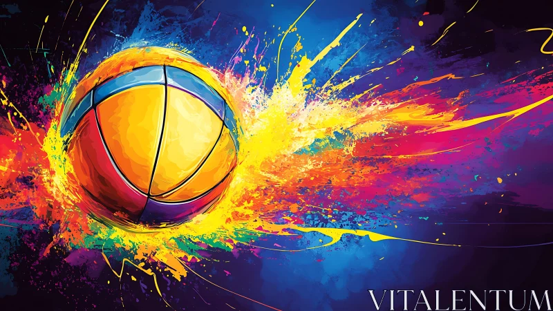 Exploding neon basketball streaks through vivid color bursts