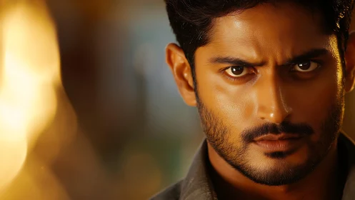 Close male portrait shows intense direct stare and sharp lighting