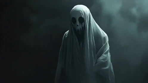 Ghostly hooded figure in eerie dark green foggy scene.