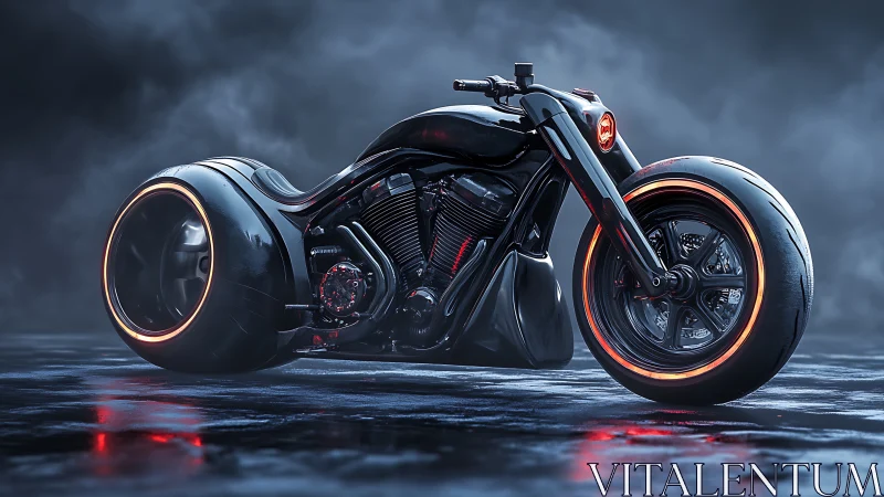 Futuristic black motorcycle with neon rim lights at night.