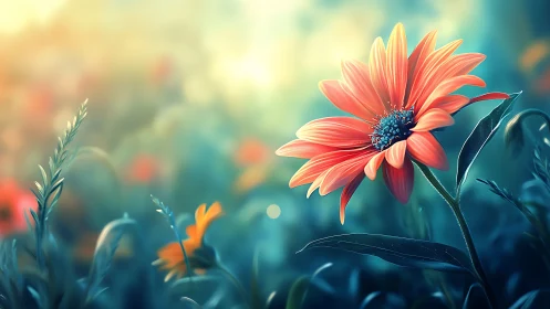 Coral Daisy Blooms in Luminous Meadow Garden.