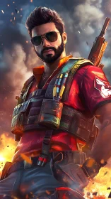 Armed tactical hero in red shirt amid explosive battlefield.