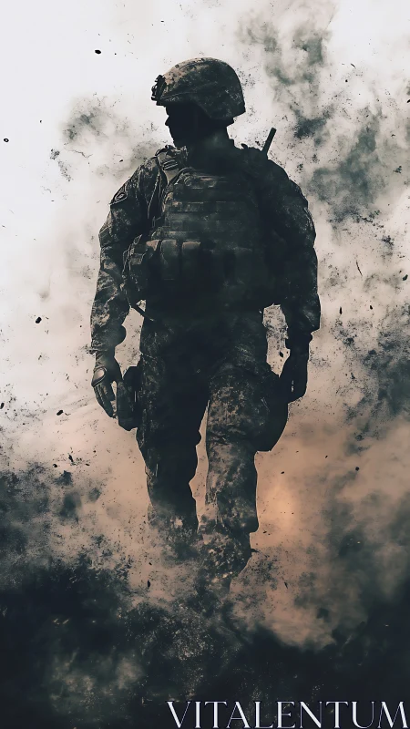 Silhouetted soldier emerging through swirling battlefield smoke.