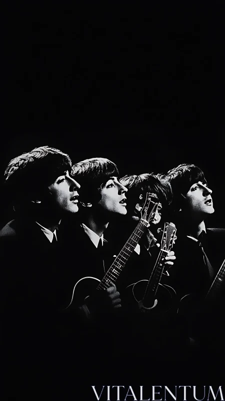 Monochrome portrait of four guitarists in tight upward lighting