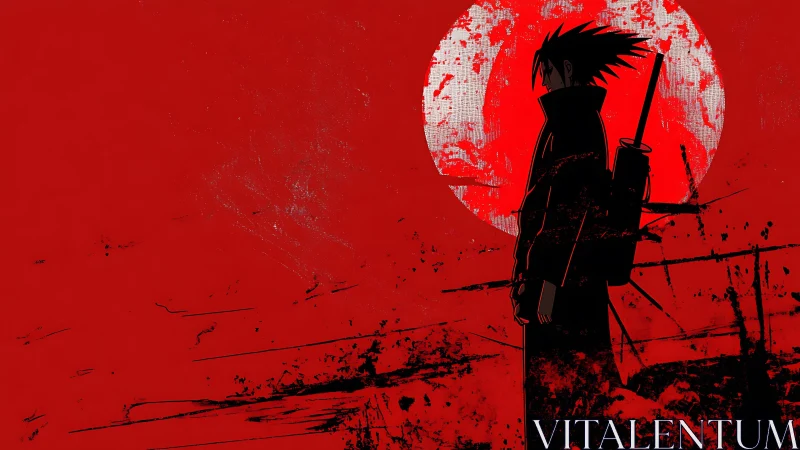 Silhouetted anime swordsman stands before rough red moon