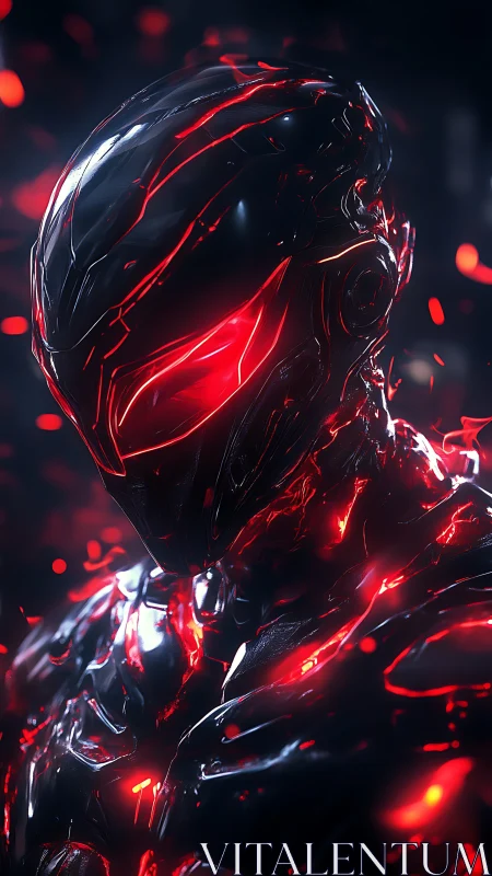 Cybernetic warrior shell glows with molten red circuitry.