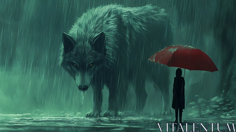 Giant wolf and lone figure under red umbrella in rain.