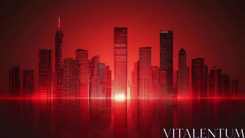 Red monochrome futuristic skyline with gridlit towers and reflections