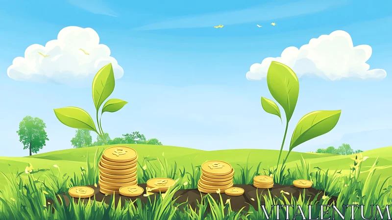 Sunny meadow of growing coins and hopeful green seedlings.