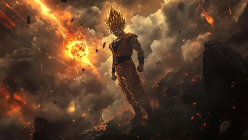 Golden haired warrior stands in fiery ruined landscape.