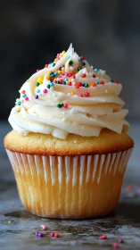 Vanilla Cupcake with White Frosting and Colorful Sprinkles