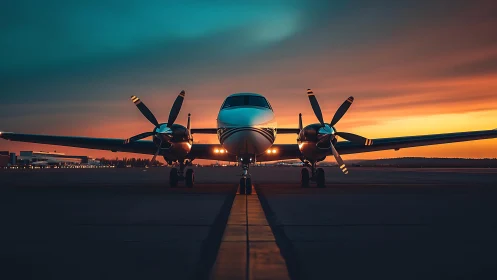 Twin-engine propeller aircraft rests under vivid sunset sky.