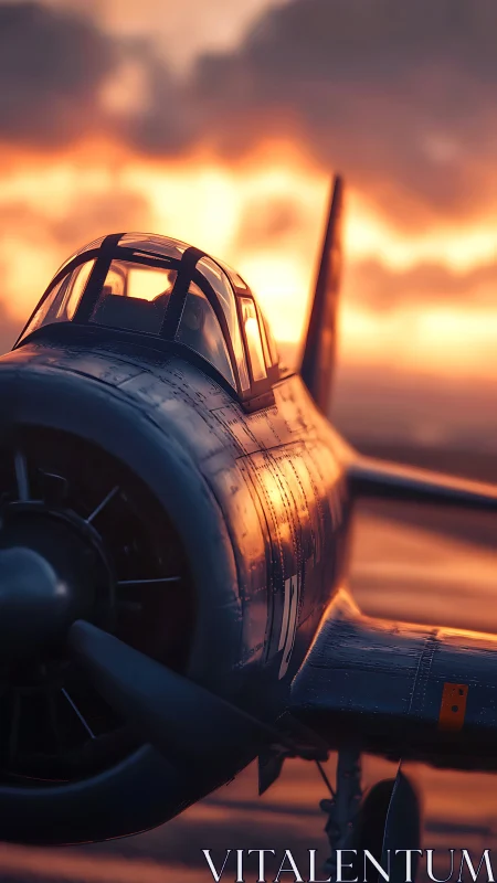 Single vintage propeller aircraft cockpit reflects sunset light