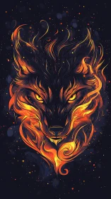 Stylized wolf head is rendered with flowing orange flames
