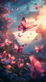 Ethereal pink butterflies in cinematic twilight valley garden.