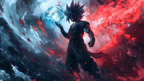 Silhouetted warrior amid swirling blue and red energy field.