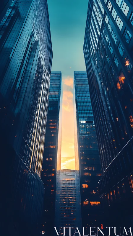 Orthogonal glass canyons framing axial sunset corridor.