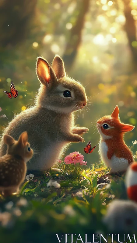 Digital painting of woodland baby animals in golden bokeh light.