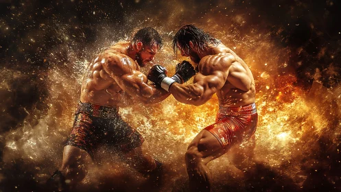 Two Boxers Clash In Fiery Combat Arena Explosion.