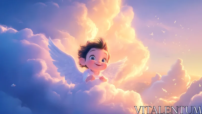 Cartoon baby angel with wings sits in glowing sunset clouds