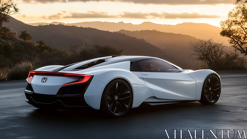 Honda supercar prototype glows against a mountain sunset.