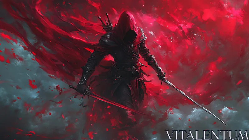 Scarlet rogue strides through stormlit clouds of battle.