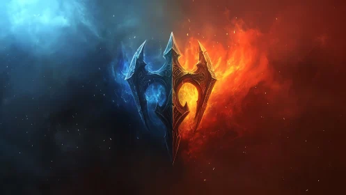 Fiery and icy trident sigil amid swirling cosmic mist.