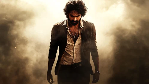 Brooding man with gun walking through smoky golden light.