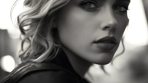 Monochrome close-up portrait with shallow depth of field.