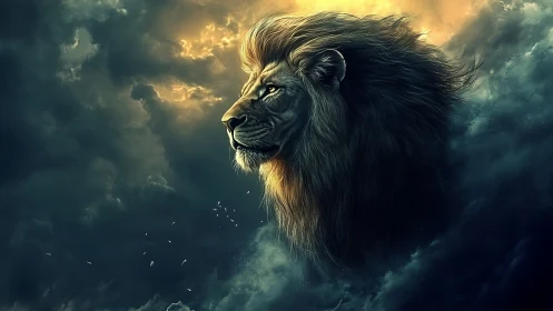 Stormlit sky lion crowned in molten twilight clouds.