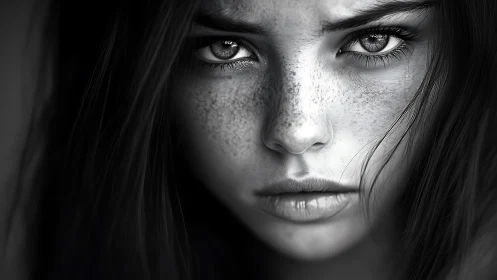 Close black and white portrait with intense gaze.