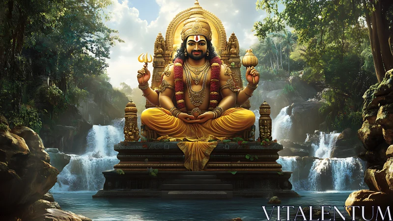 Golden forest deity on pedestal amid cascading waterfalls.