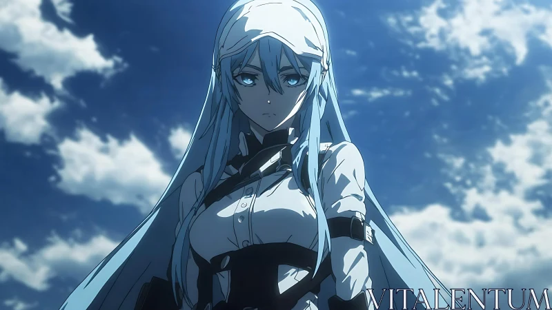 Blue-haired anime figure in white uniform under sky.