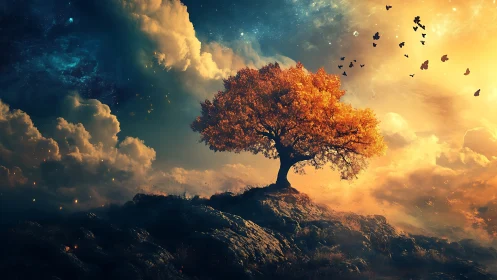 Solitary autumn tree on rocky ridge under dual sky twilight