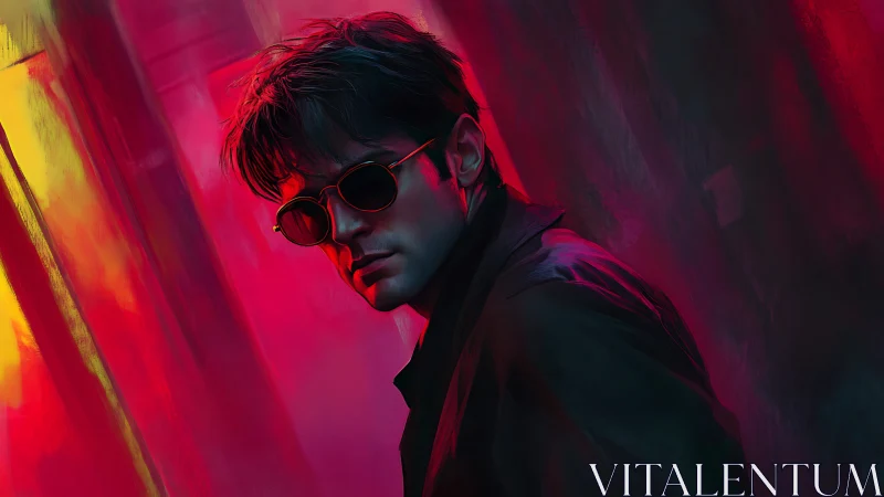 Brooding man stalks neon alley under crimson shadows.