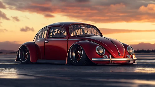 Sunset glow wraps a classic red beetle in sleek calm