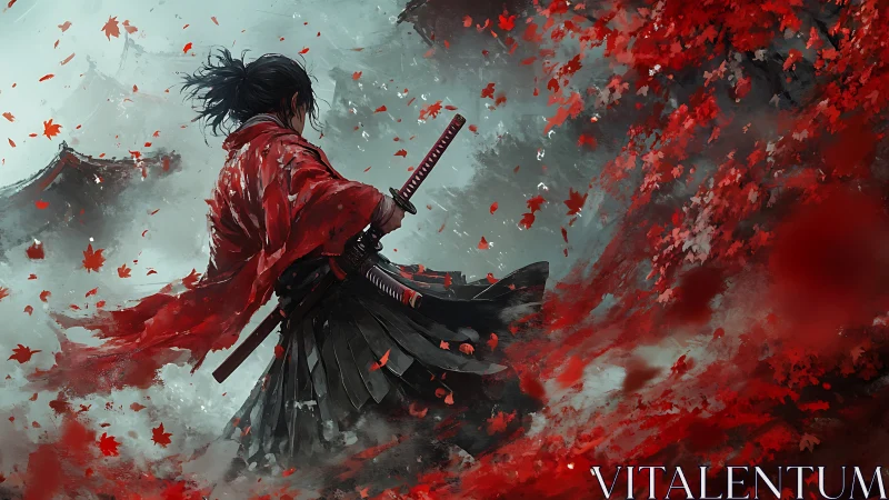 Lone samurai stands amid storm of red autumn leaves