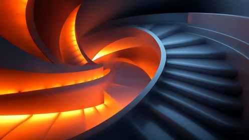 Spiraling orange-lit staircase within sleek modern curves.