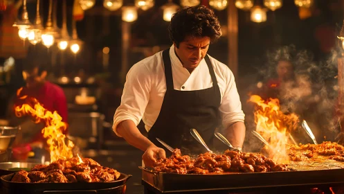 Street food chef grills spicy meat over high open flames