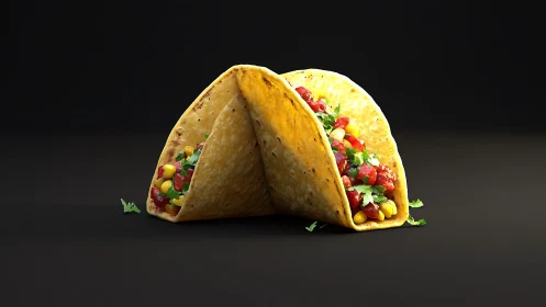 Crisp hard shell tacos with salsa and corn on black.