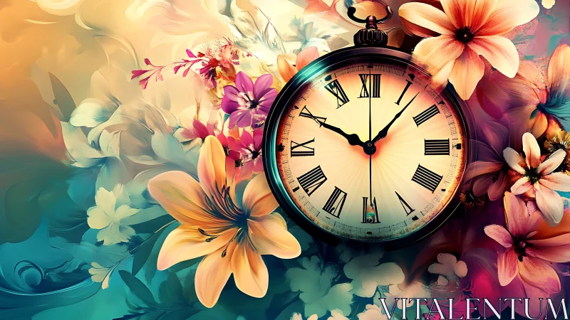 Chronometric pocket watch encircled by chromatic floral gradients.