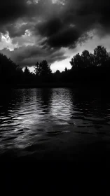 Dark storm clouds over still lake water at twilight.