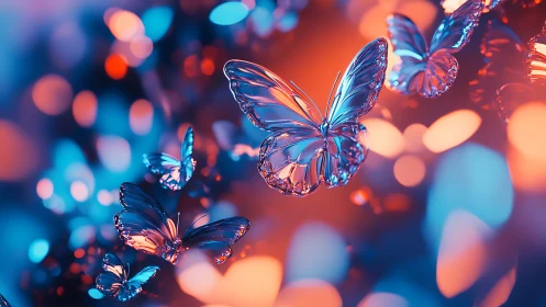 Chromed glass butterflies in neon bokeh, shallow depth of field