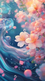 Cherry blossoms drift through iridescent underwater currents.