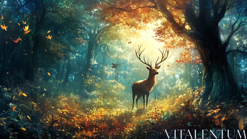Gentle stag paused in glowing, dreamlit forest sanctuary.