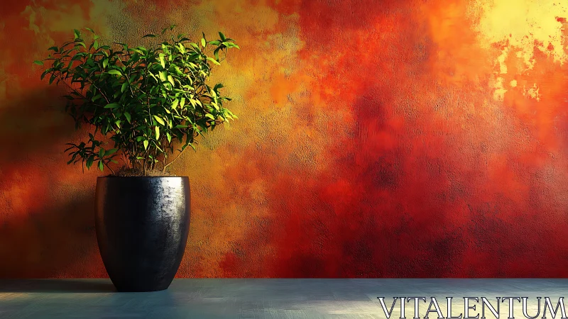 Potted green rebel against a blazing sunset wall backdrop.